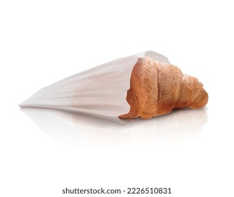 Fresh brown croissant in a paper bag. Vector image.