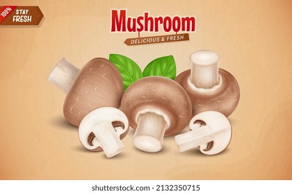 Fresh Brown Mushrooms vegetable vector illustration with mushroom slices on brown background