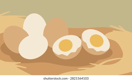 Fresh brown and white farm eggs rest nestled in a straw bed alongside sliced boiled eggs showcasing bright yellow yolks.