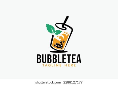 fresh bubble tea logo with a combination of a glass of bubble tea and tea leaves.