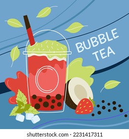 Fresh bubble tea poster. Taiwan boba pearl drink graphic design. Dessert cup with bubbles sweet beverage. Fruit shake decent vector color card