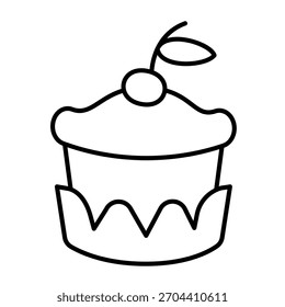 Icono de línea delgada de bollo fresco, concepto de dulces del desierto. Gráficos de Vector. Cupcake en esmalte y signo de cereza sobre fondo blanco, icono de estilo de contorno para móvil o Diseño web