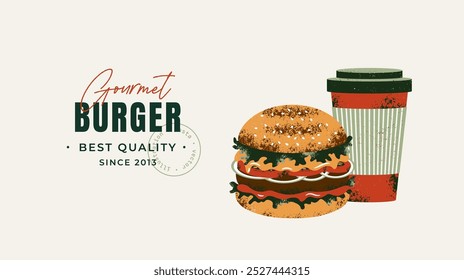 Fresh Burger with coffee cup. Fast food design template. Vector illustration