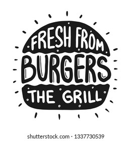Fresh burger from the grill lettering with rays and engraving bun vector vintage illustration. For poster and menu.