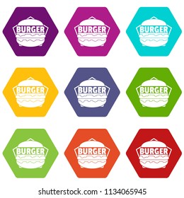 Fresh burger icons 9 set coloful isolated on white for web