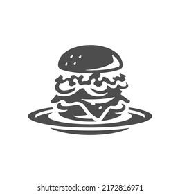 Fresh burger with meat vegetables and bun on plate cafe menu vintage icon vector illustration. Appetizing hamburger grilled steak fast food restaurant. Beef pork bacon cheeseburger tasty snack