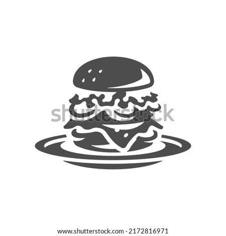 Fresh burger with meat vegetables and bun on plate cafe menu vintage icon vector illustration. Appetizing hamburger grilled steak fast food restaurant. Beef pork bacon cheeseburger tasty snack