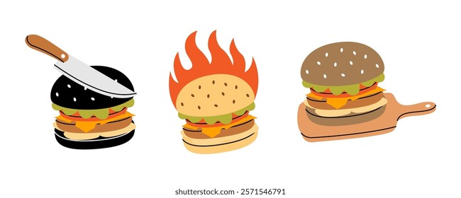 Fresh burger set. Traditional American fast food. Takeaway snack. Vector illustration.