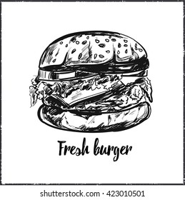 Fresh burger. Vector hand drawn illustration for design and advertising