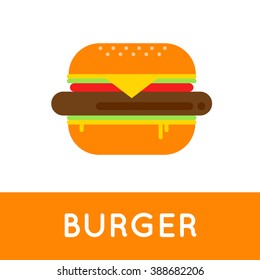 Fresh burger vector illustration. Traditional american burger with vegetables, ketchup and fried eggs. Vector hamburger illustration. Burger with meat steak. Fast food burger. 