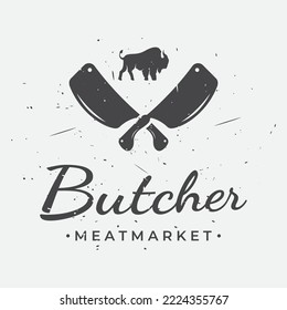 Fresh Butcher Shop Logo With Knife And Vintage Farm Animal Markings. Logos For Businesses, Restaurants, Labels, Stamps And Fresh Butcher Shops.