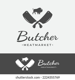 Fresh Butcher Shop Logo With Knife And Vintage Farm Animal Markings. Logos For Businesses, Restaurants, Labels, Stamps And Fresh Butcher Shops.