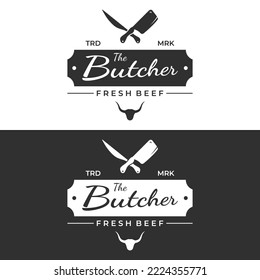 Fresh Butcher Shop Logo With Knife And Vintage Farm Animal Markings. Logos For Businesses, Restaurants, Labels, Stamps And Fresh Butcher Shops.