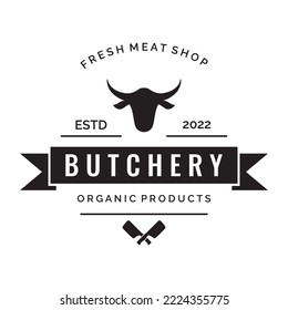 Fresh Butcher Shop Logo With Knife And Vintage Farm Animal Markings. Logos For Businesses, Restaurants, Labels, Stamps And Fresh Butcher Shops.