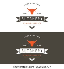 Fresh Butcher Shop Logo With Knife And Vintage Farm Animal Markings. Logos For Businesses, Restaurants, Labels, Stamps And Fresh Butcher Shops.