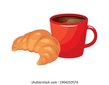 Fresh butter croissant and coffee in a red mug vector. Croissant and coffee icon vector. French breakfast illustration. Red cup of cocoa and croissant vector
