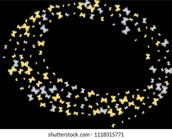 Fresh butterfly cloth vip texture on black. Spring butterfly linen theme vector with gold and silver metallic silhouette. Premium repeating insect fabric backdrop for garments.