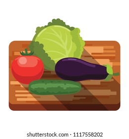 Fresh Cabbage, Tomato, Cucumber, Eggplant on a Cutting Board