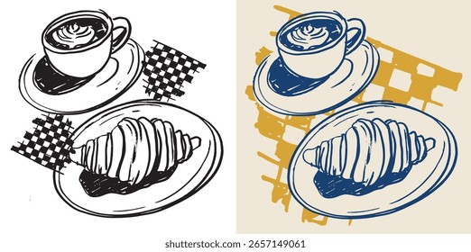 Café fresco mão desenhado doodle padrão fundo com café e croissant. Menu arte