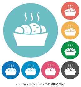 Fresh cake flat white icons on round color backgrounds