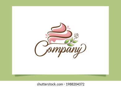 Fresh cake logo vector graphic with a beauty cake, leaves, branch and whisk for any business especially for bakery, cakery, cookies, cafe, etc.