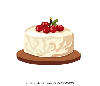 Queso camembert fresco con espiral de cerezo, ilustración vectorial aislada en fondo blanco.