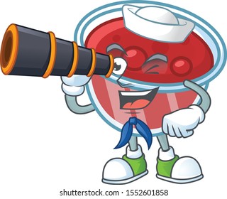 Fresh canberries sauce with sailor holding binocular cartoon character.