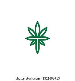 Fresh cannabis leaf logo with letter T. Outline fresh cannabis leaf vector logo for medical