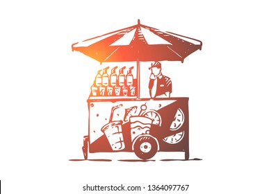 Fresh, car, drink, cocktail, street concept. Hand drawn street bar with fresh fruit cocktails. Fresh juice concept sketch. Isolated vector illustration.