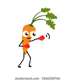 Fresh carrot boxing isolated on white background - cute cartoon sports vegetable character doing exercises for healthy and active lifestyle concept, vector illustration.