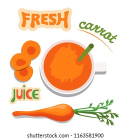 Fresh carrot juice top view. Concept for farmers market, organic food, natural product design with a cup of juice, lettering, carrots and pieces of carrot. 