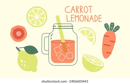 Fresh carrot lemonade with pieces of lemon and ice in a glass jug