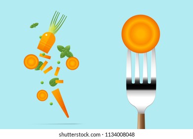 Fresh carrot on fork with flying carrots background , healthy food concept , vector , illustration