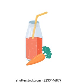 Fresh carrot smoothie or juice in bottle isolated on white background. Glass with fruit drink vector illustration. Summer, beverage, diet, detox concept