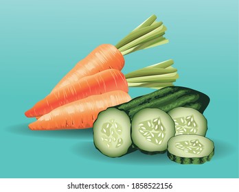 fresh carrots and cucumbers vegetables healthy icons vector illustration design