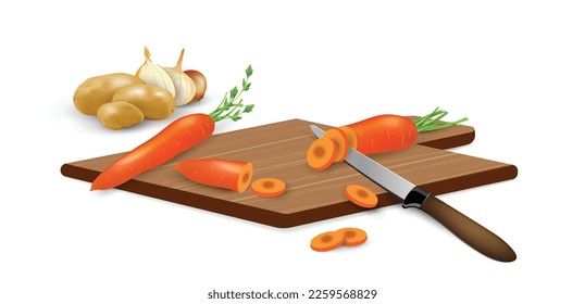 Fresh carrots cut into slices with a knife on a wooden cutting board, other vegetables - potatoes and onions nearby. The process of preparing soup, stew, other vegetable dishes. Healthy food concept.