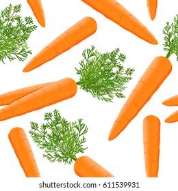 Fresh carrots with green stems seamless pattern vector. Side view. Close up. For food design, restaurant, wrapping, health care products. Can be used as background, label, decoration