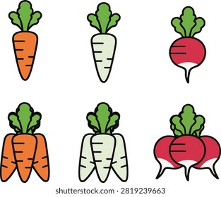 Fresh Carrots and Radishes Root Vegetables Vector Icons Set