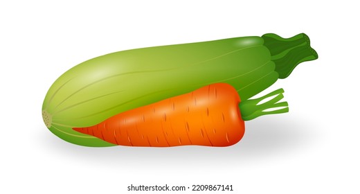 Fresh carrots and zucchini. Vegetables isolated on white background.  Vegan Day. Vegetarian food. Harvest of vegetables. Vector illustration.