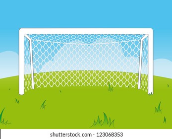 Fresh cartoon illustration of a set of empty white soccer goalposts with a net in a green field against clear blue sky with small clouds - eps8