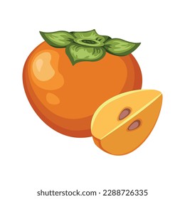 Fresh cartoon persimmon isolated on white background. Juice or jam logotype. Bright vector illustration of colorful half and whole of juicy persimmon.