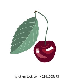 Fresh cartoon red cherry isolated on white background. Icon or logo emblem design. Vector illustration for any design
