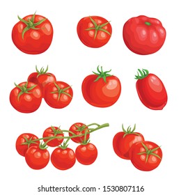 Fresh cartoon tomatoes. Whole red vegetables in flat design. Single and group farm fresh tomatoes. Vector illustrations isolated on white background.