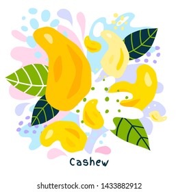 Fresh cashew color splash organic food condiment spice splatter. Spicy herbs nuts. Abstract colorful art splatter splash background. Vector hand drawn illustration