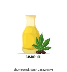 fresh castor oil glass bottle with beans and leaves isolated on white background vector illustration