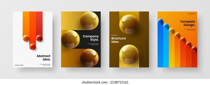 Fresh catalog cover A4 vector design concept composition. Creative realistic spheres company brochure template set.