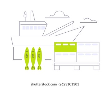Fresh catch abstract concept vector illustration. Fresh fish in crates in the port, commercial fishing boat, water transportation, sea transport, fishing industry abstract metaphor.