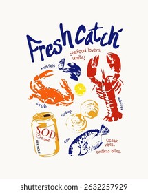 fresh catch calligraphy slogan with ocean seafoods and soda can graphic vector illustration 