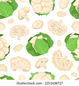 Fresh Cauliflower Seamless Pattern Design with Brassica Vegetable Head Vector Template