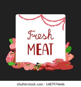 Fresh causages, meat and chicken, salami vector banner template